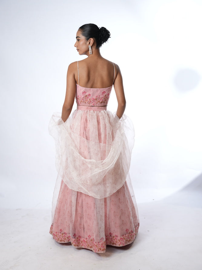 Pink Printed Lehenga Set with Sheer Drapes