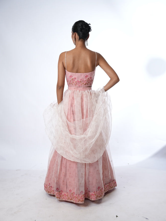 Pink Printed Lehenga Set with Sheer Drapes