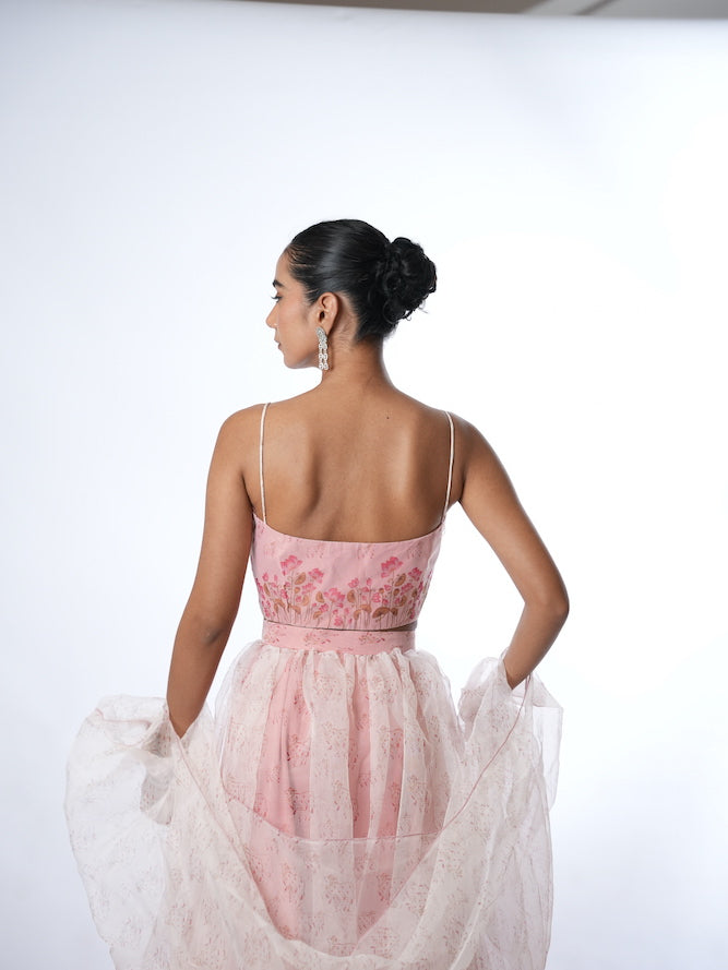 Pink Printed Lehenga Set with Sheer Drapes