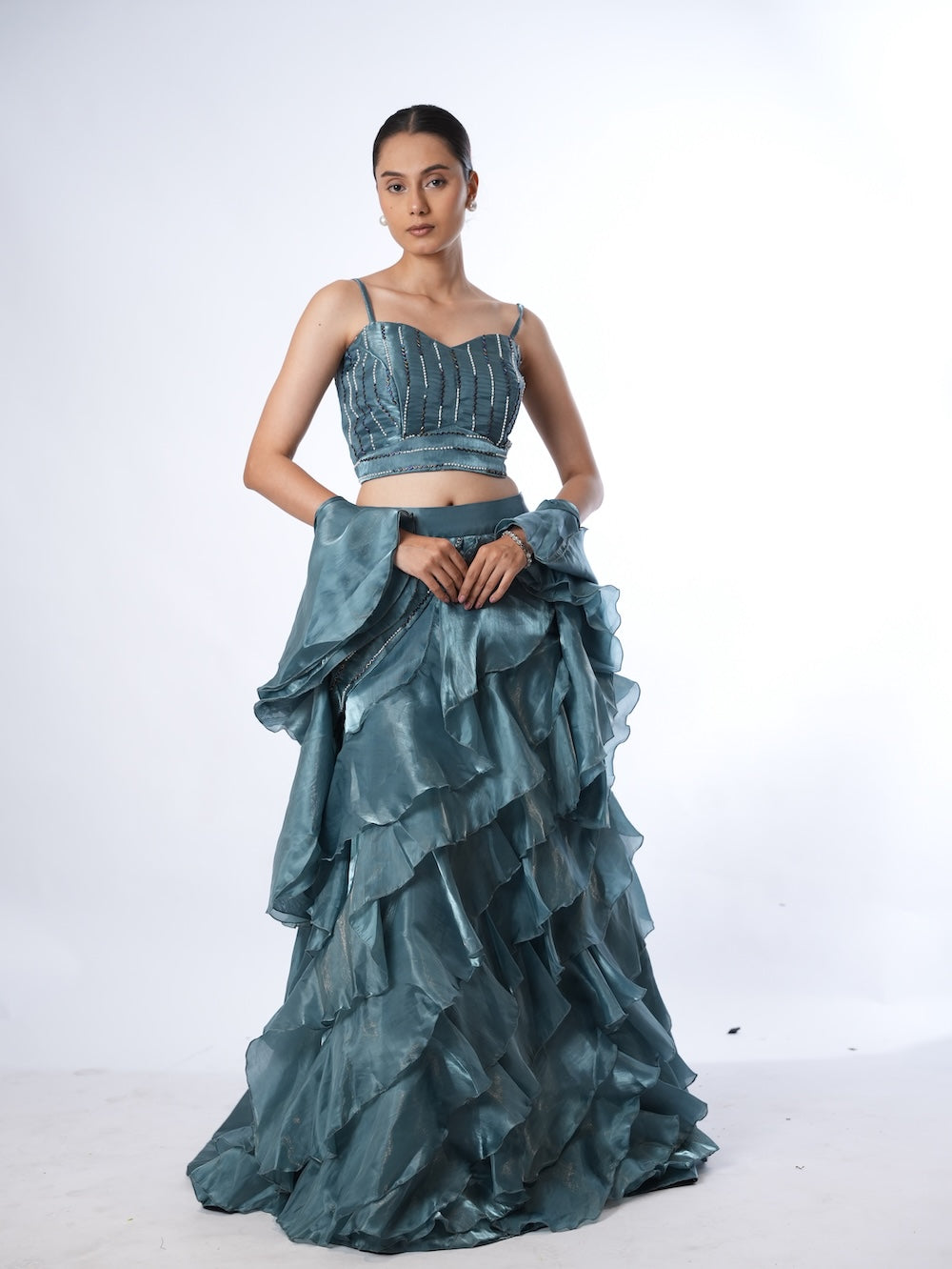 Slate Blue Embellished Ruffle Set