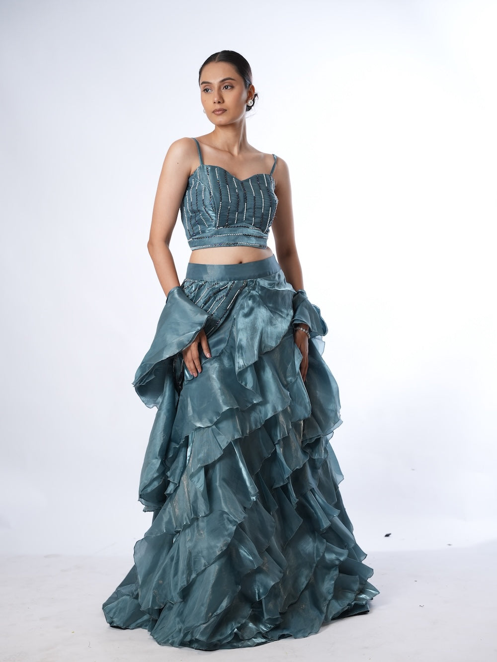 Slate Blue Embellished Ruffle Set
