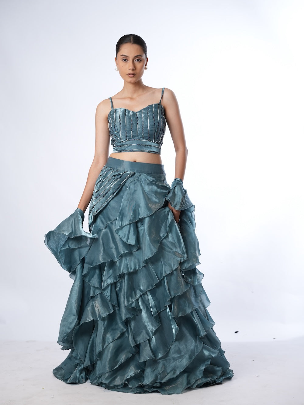 Slate Blue Embellished Ruffle Set