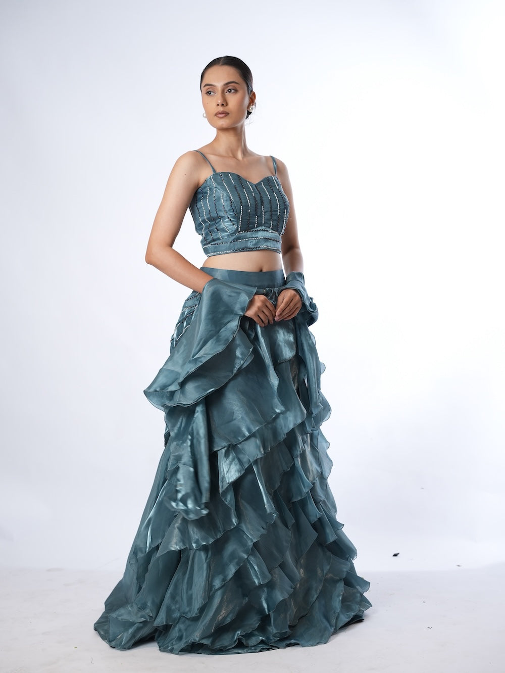 Slate Blue Embellished Ruffle Set