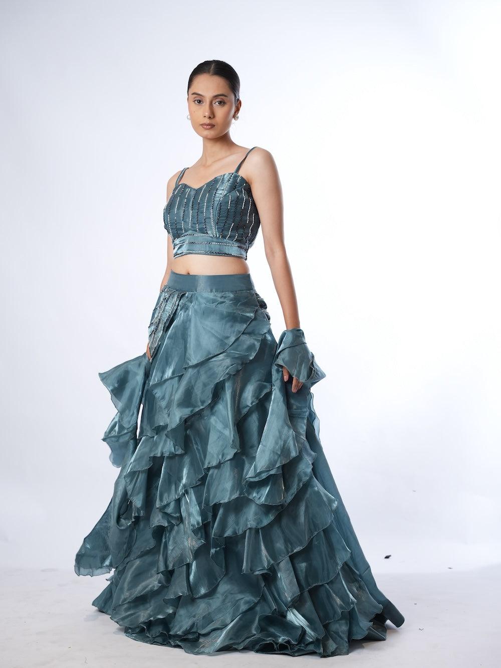 Slate Blue Embellished Ruffle Set