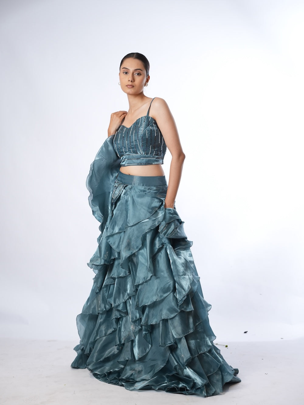 Slate Blue Embellished Ruffle Set