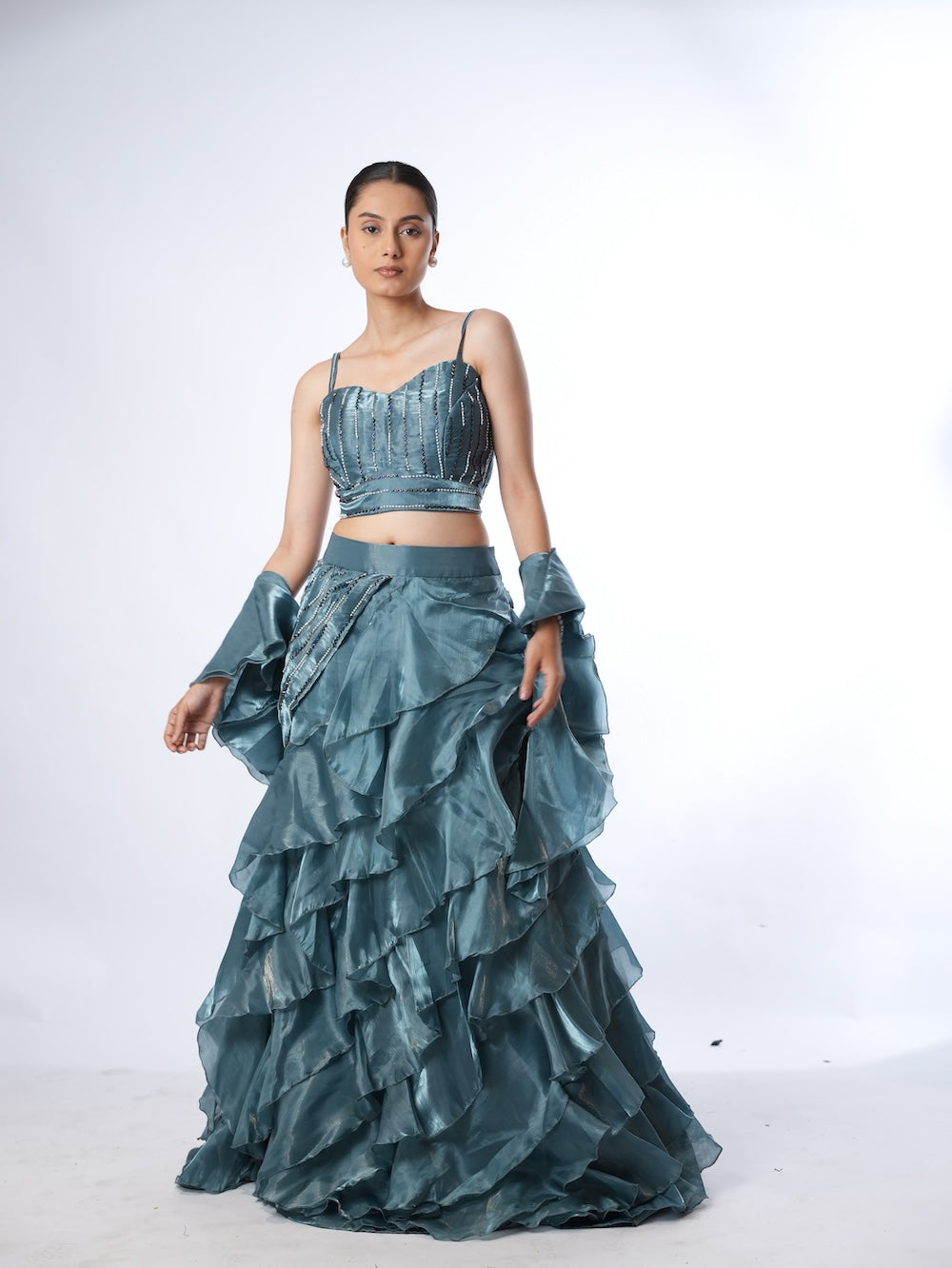 Slate Blue Embellished Ruffle Set