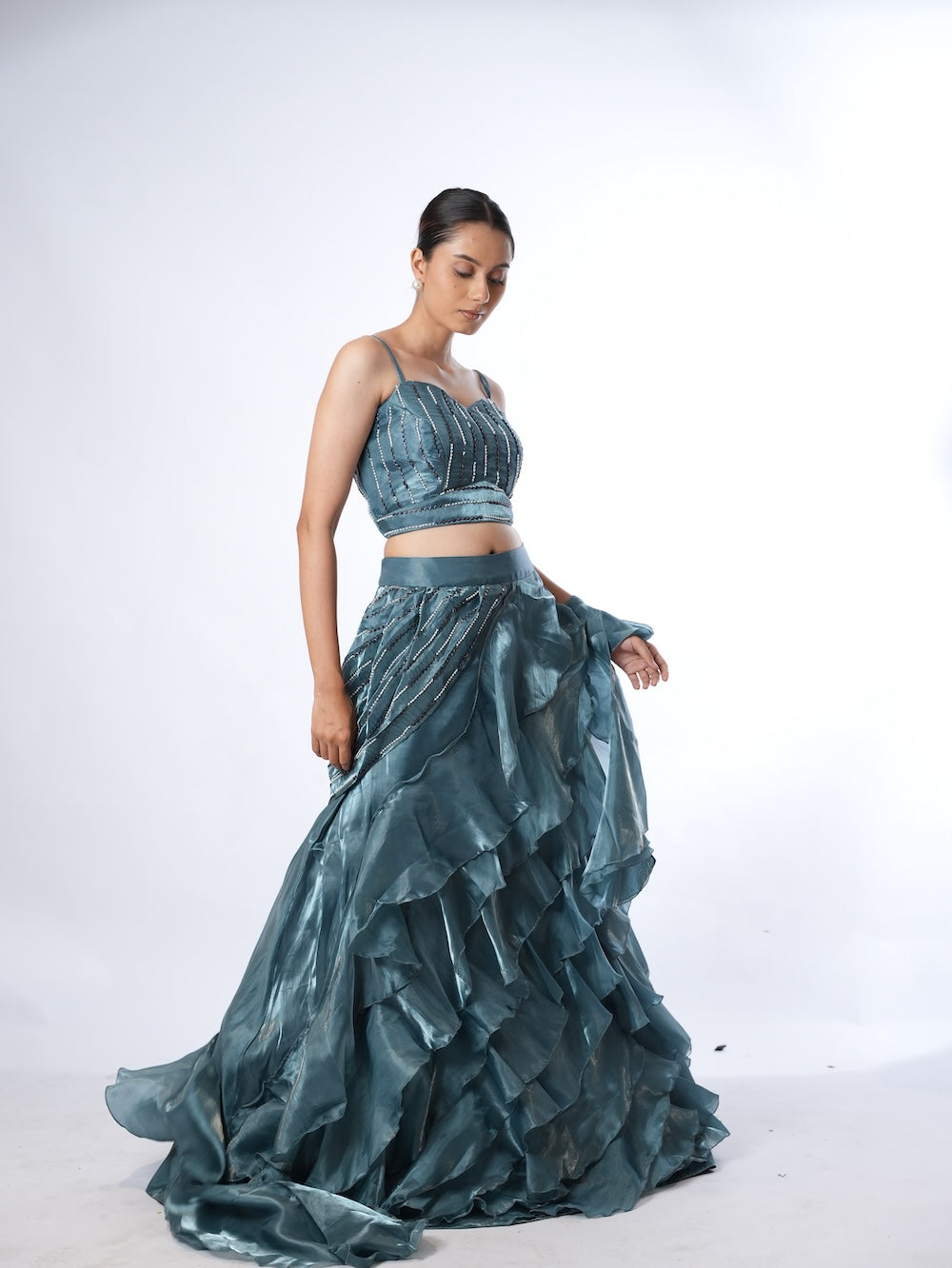 Slate Blue Embellished Ruffle Set