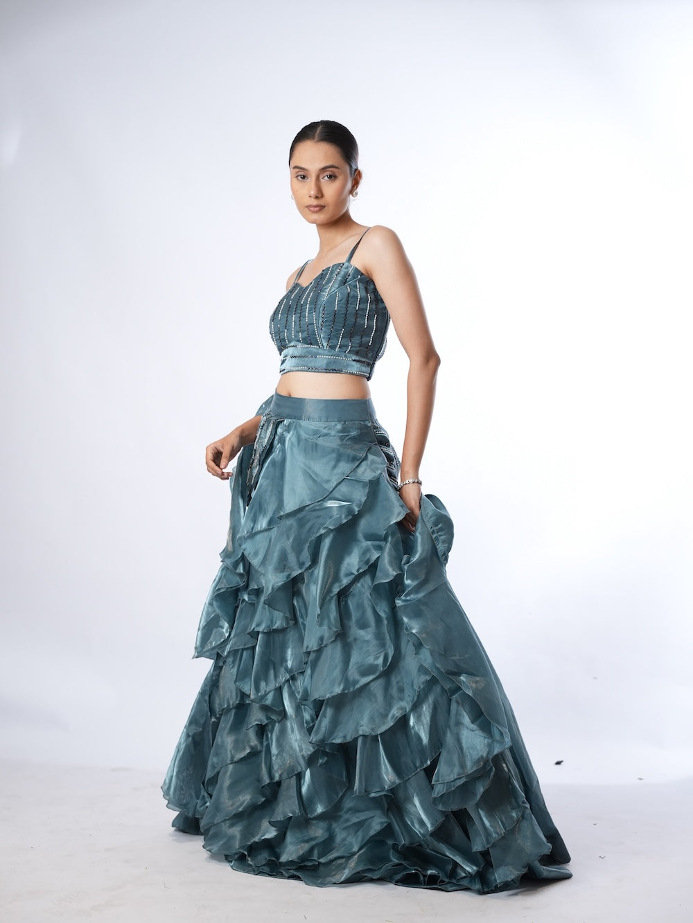 Slate Blue Embellished Ruffle Set