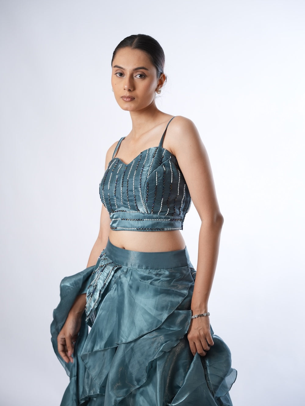 Slate Blue Embellished Ruffle Set