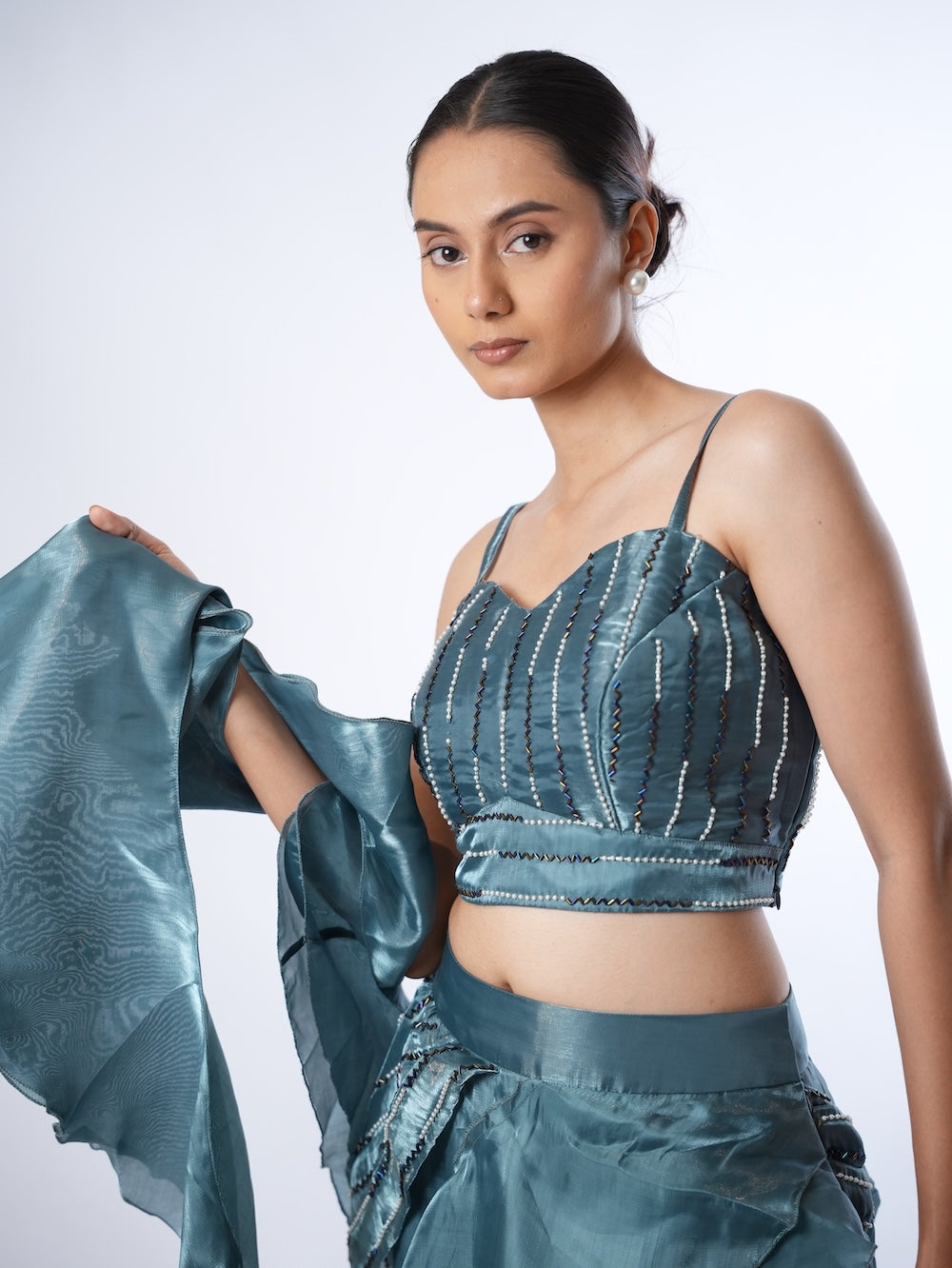 Slate Blue Embellished Ruffle Set