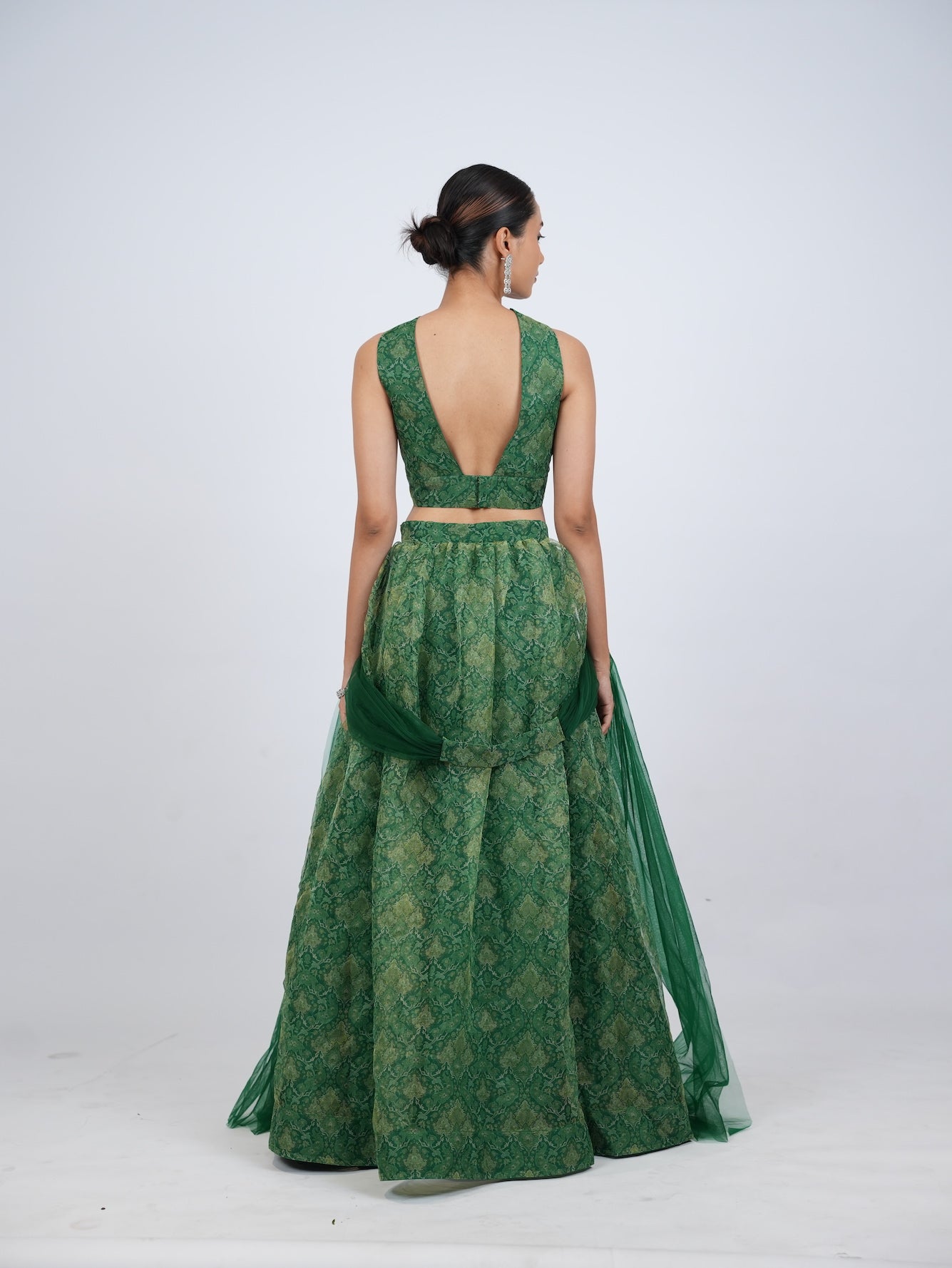 Green Patterned Crop Top Lehenga Set