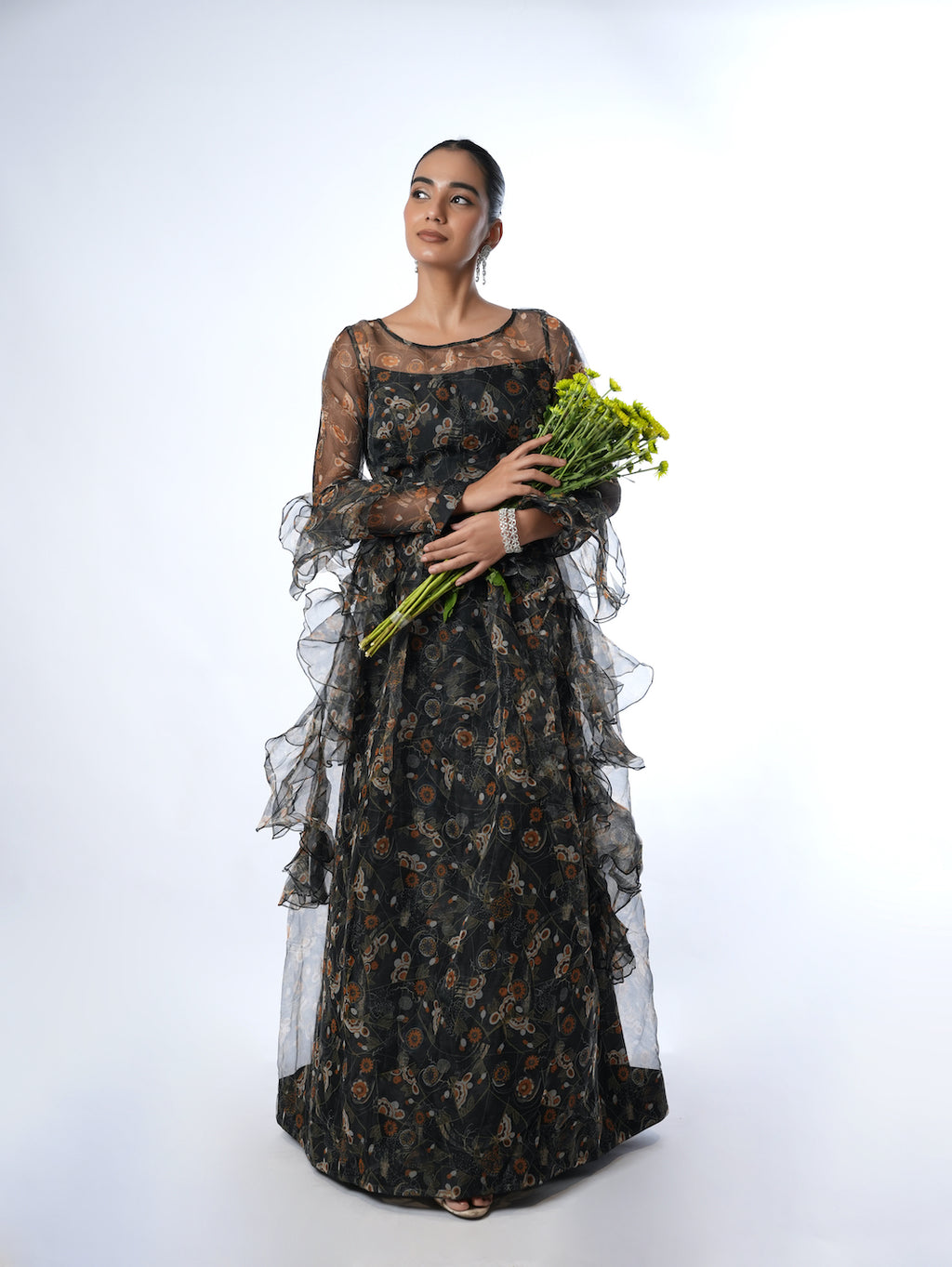 BLACK FLORAL ORGANZA LEHENGA SET