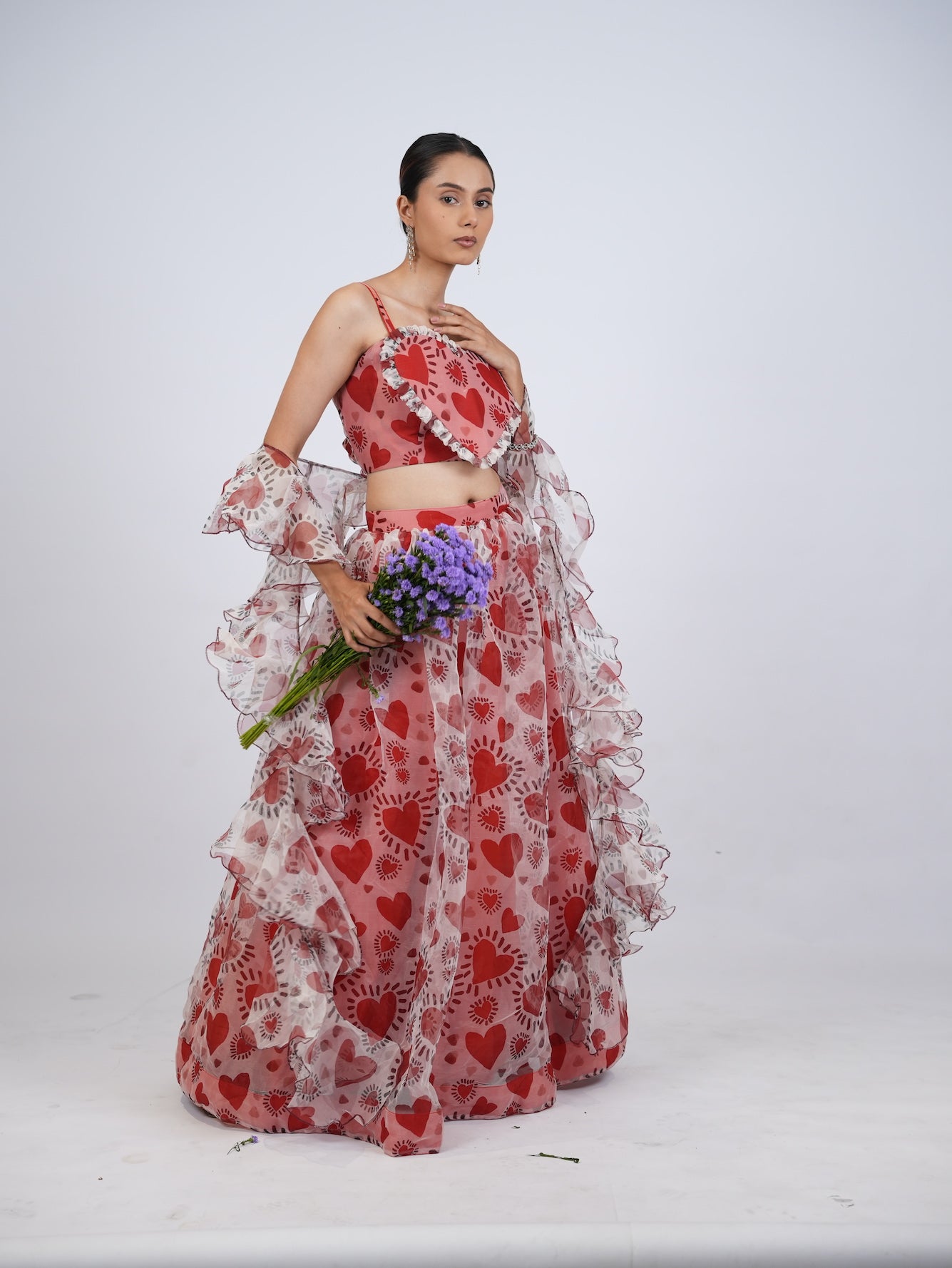 Red Heart Print Lehenga Set with Ruffled Drapes
