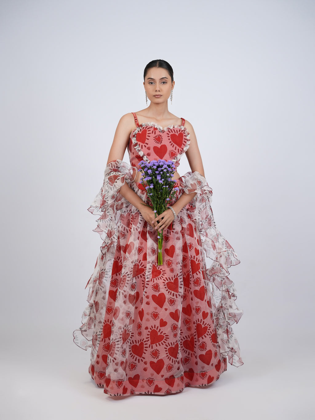 RED HEART PRINT LEHENGA SET