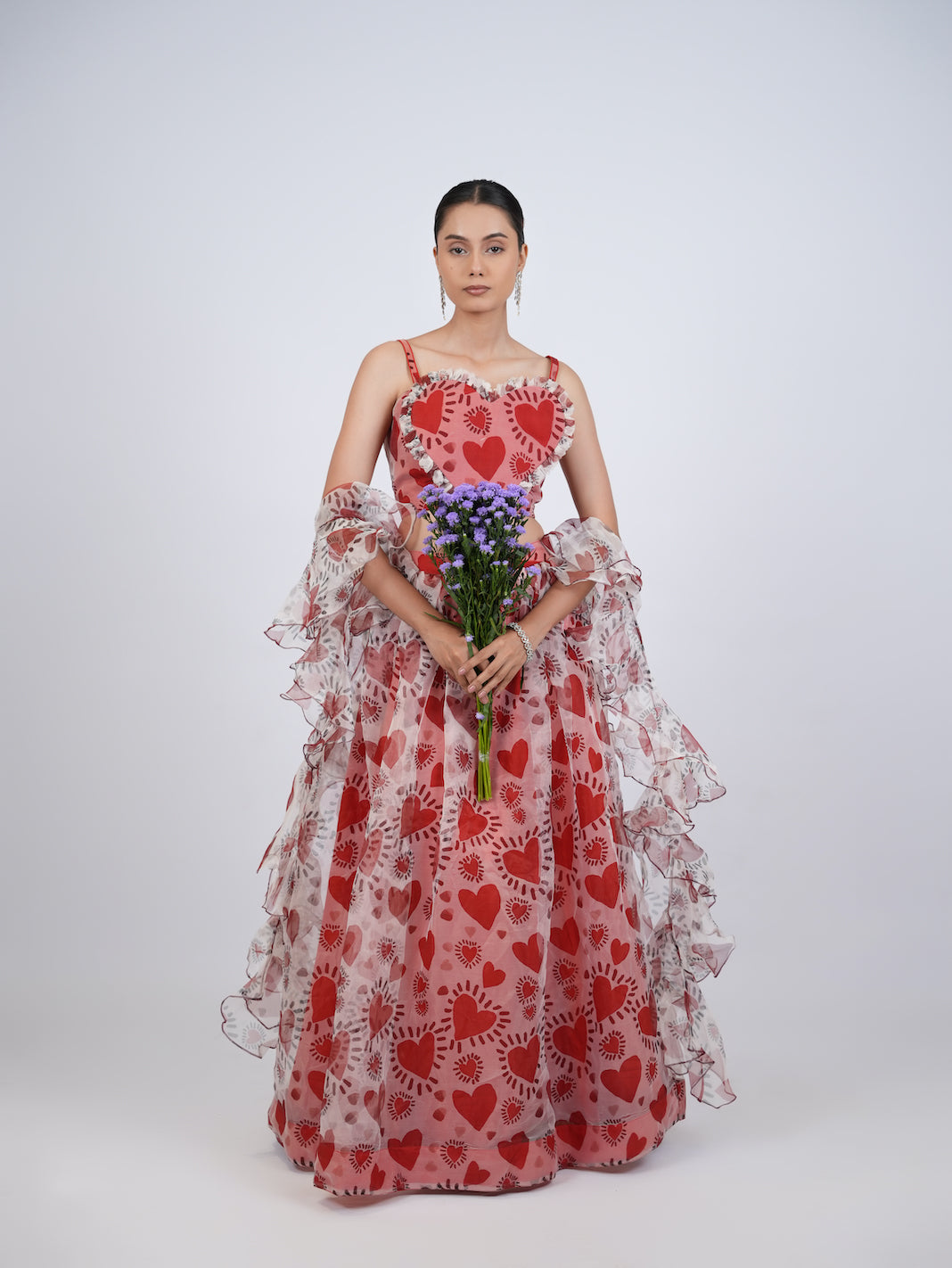 RED HEART PRINT LEHENGA SET