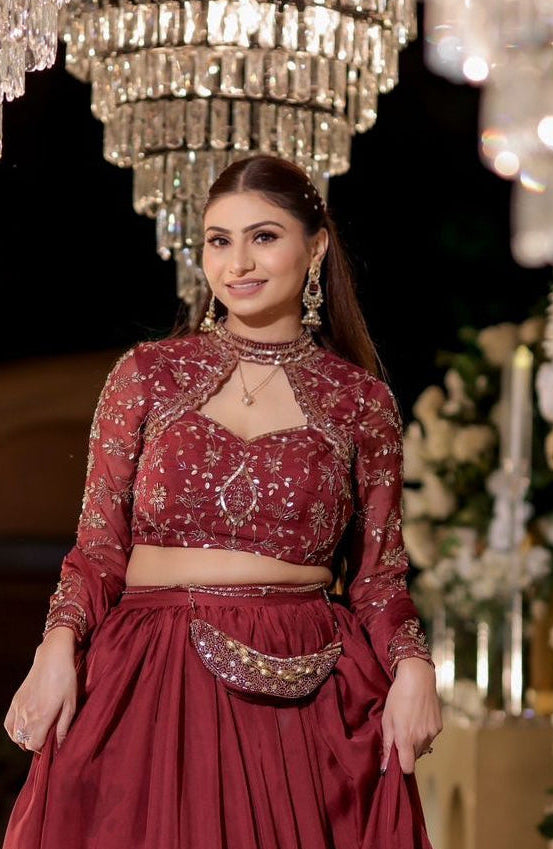 Maroon Embroidered High-Neck Lehanga Set