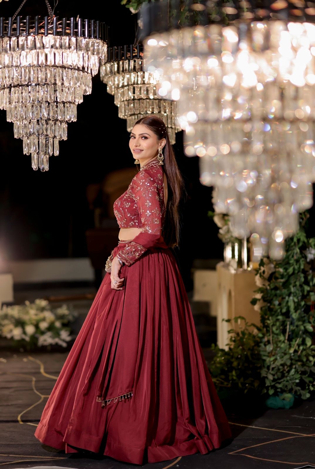 Maroon Embroidered High-Neck Lehanga Set