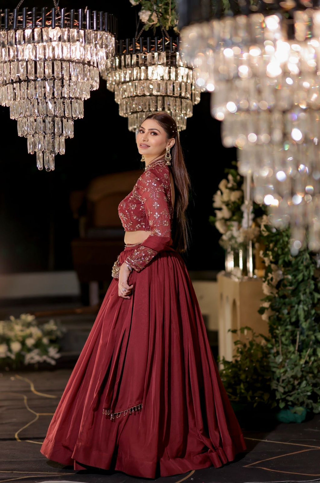 Maroon Embroidered High-Neck Lehanga Set