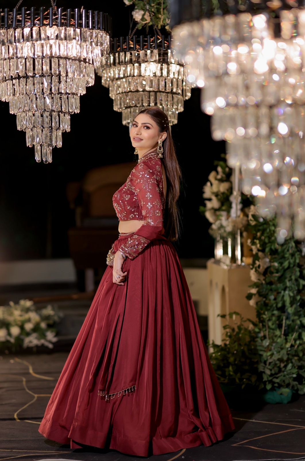 Maroon Embroidered High-Neck Lehanga Set