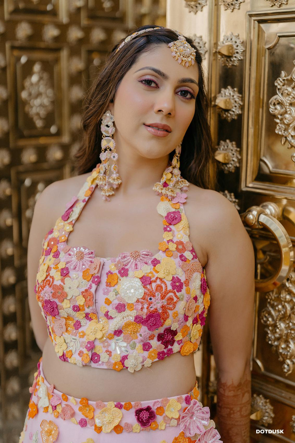 Pink Floral 3D Embroidered Halter Set