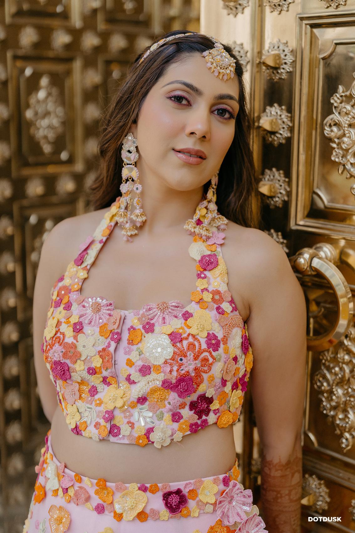 Pink Floral 3D Embroidered Halter Set