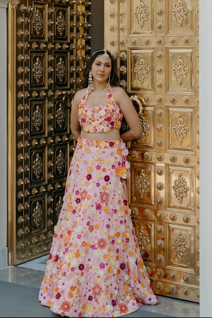 Pink Floral 3D Embroidered Halter Set