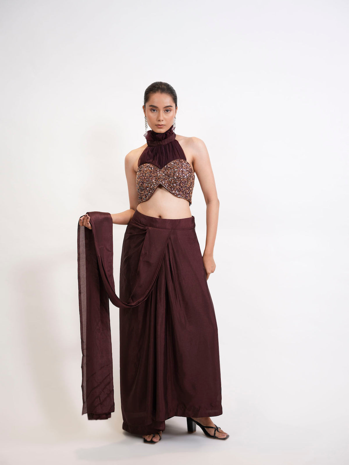 WINE SEQUIN HALTER SAREE SET