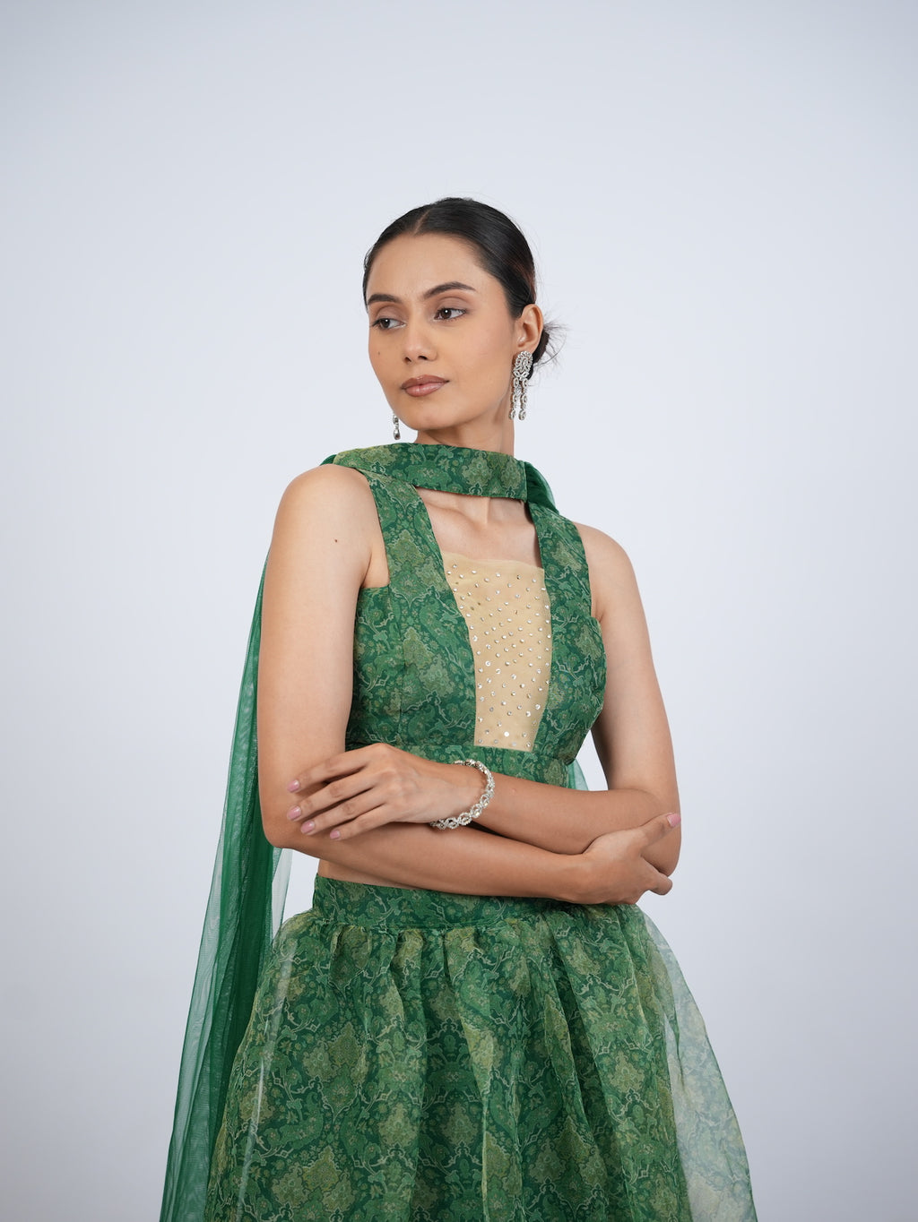 Green Patterned Crop Top Lehenga Set