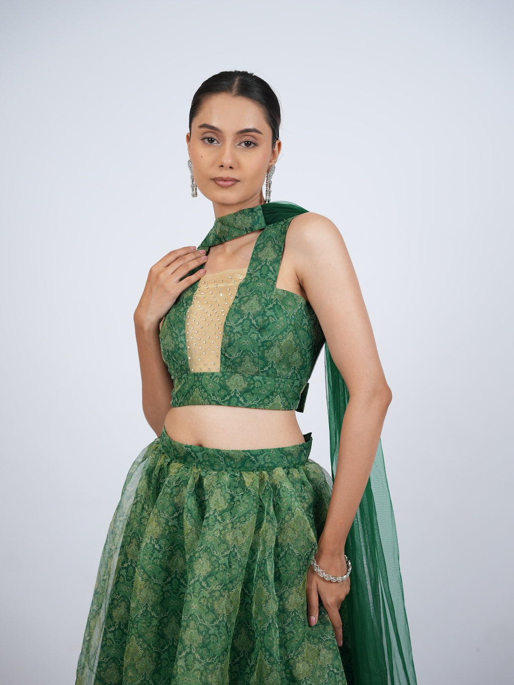 Green Patterned Crop Top Lehenga Set