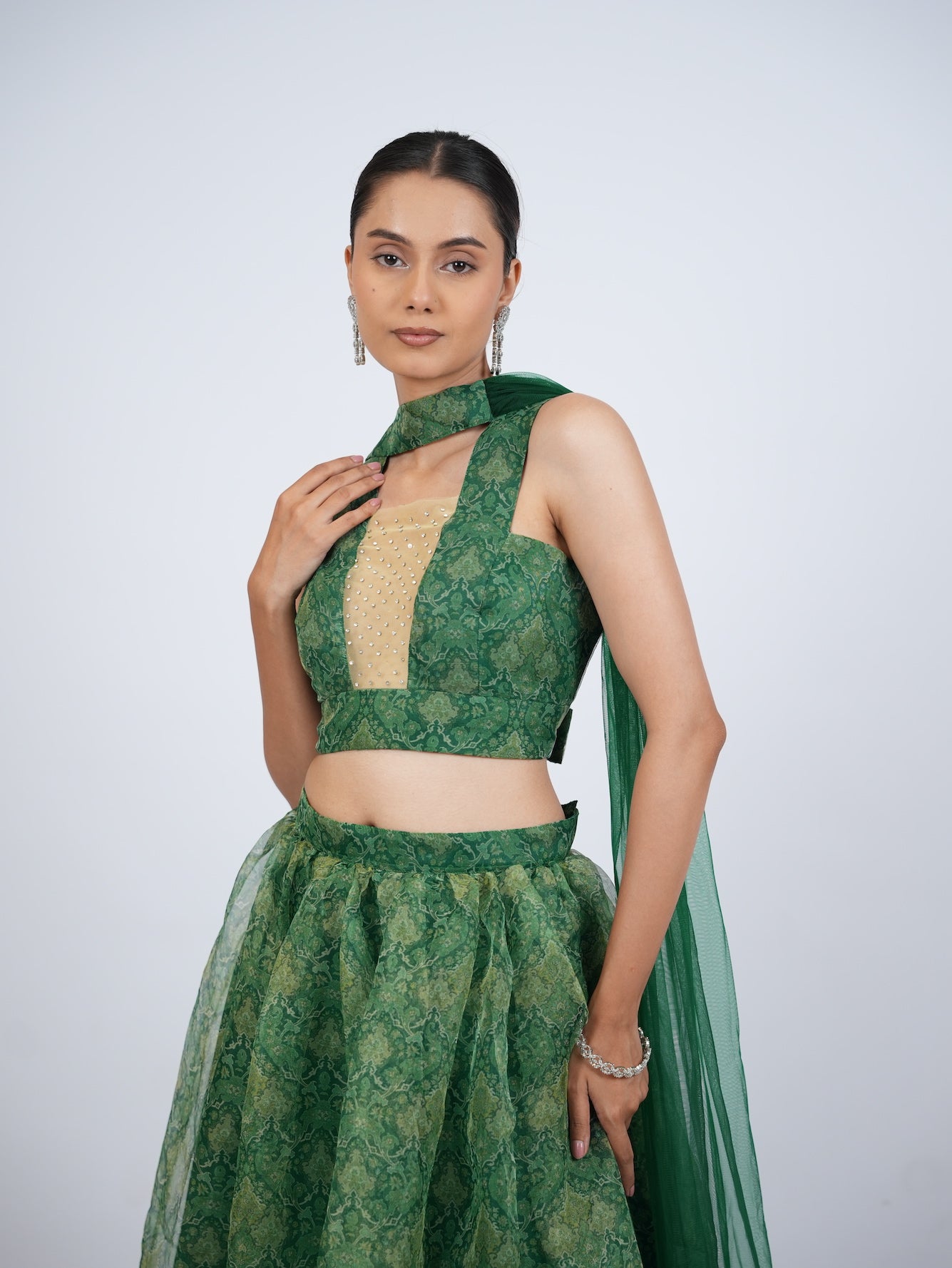 Green Patterned Crop Top Lehenga Set
