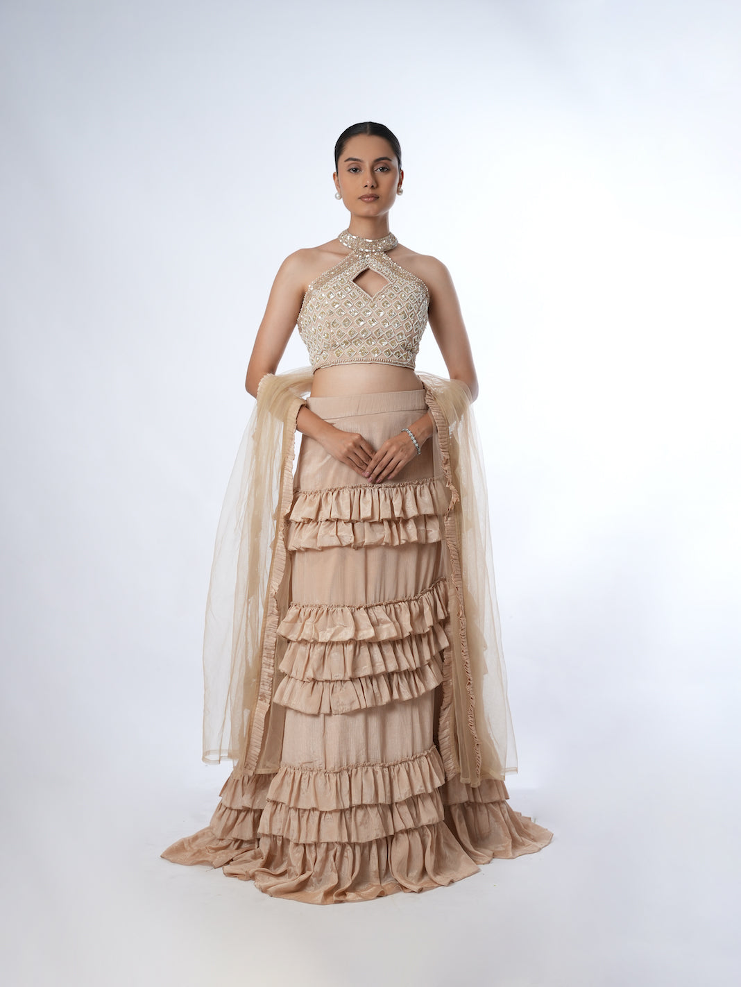 BEIGE EMBELLISHED HALTER LEHENGA