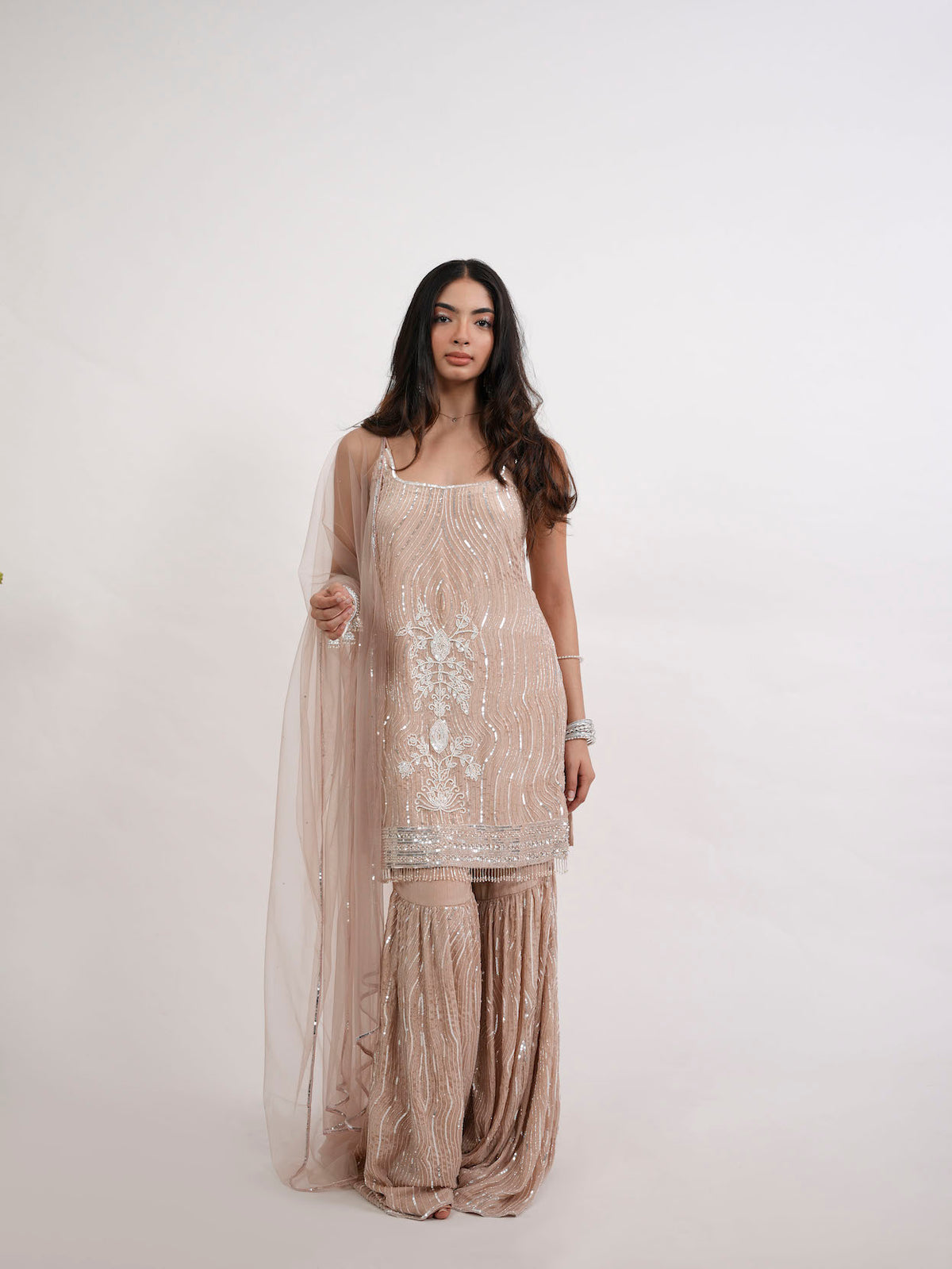 Nude Beige Sequin Embroidered Kurta Set