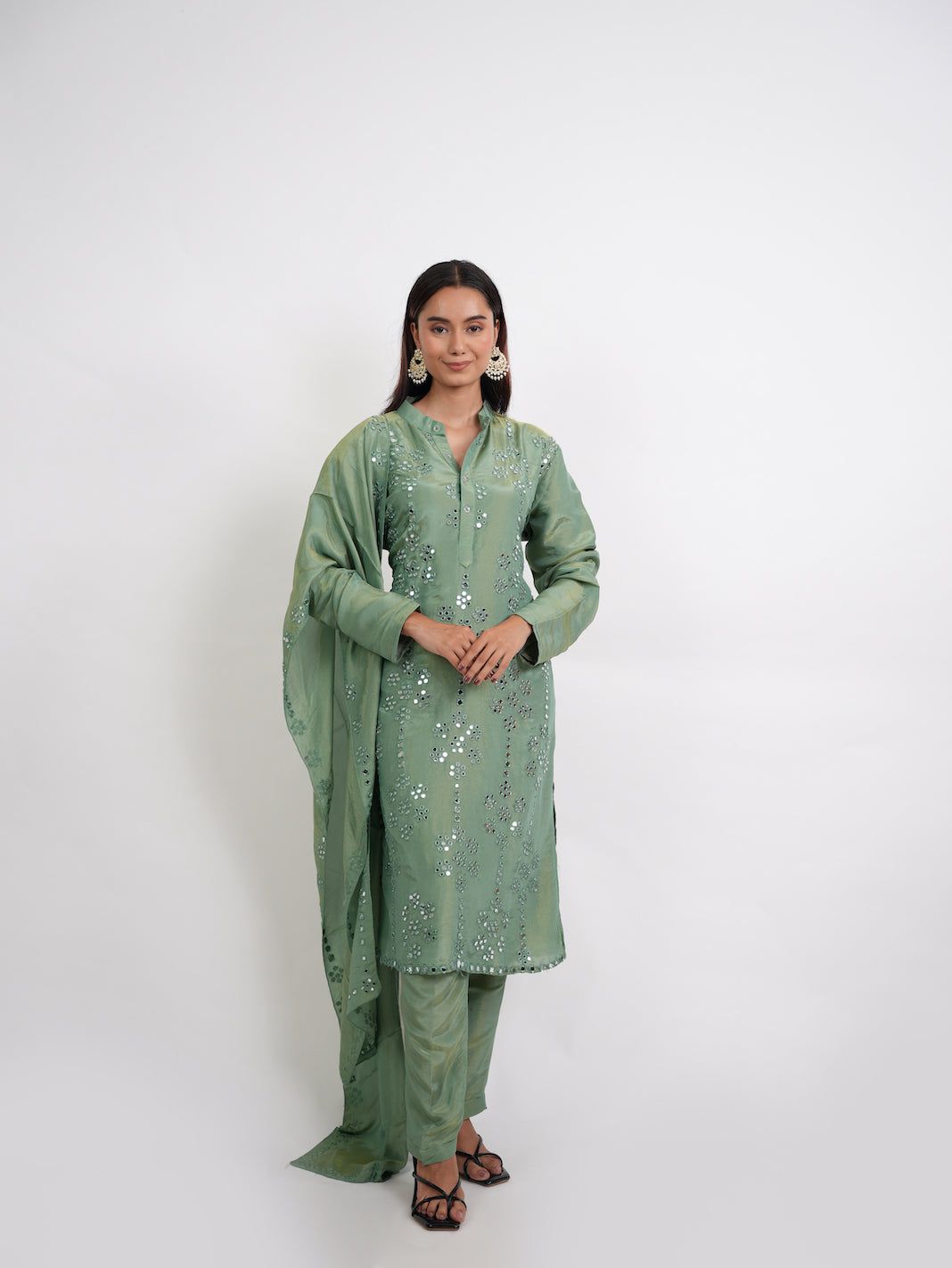 SAGE GREEN MIRROR SILK KURTA SET
