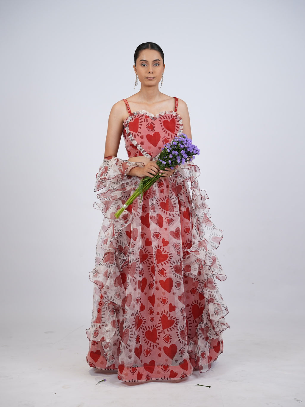Red Heart Print Lehenga Set with Ruffled Drapes