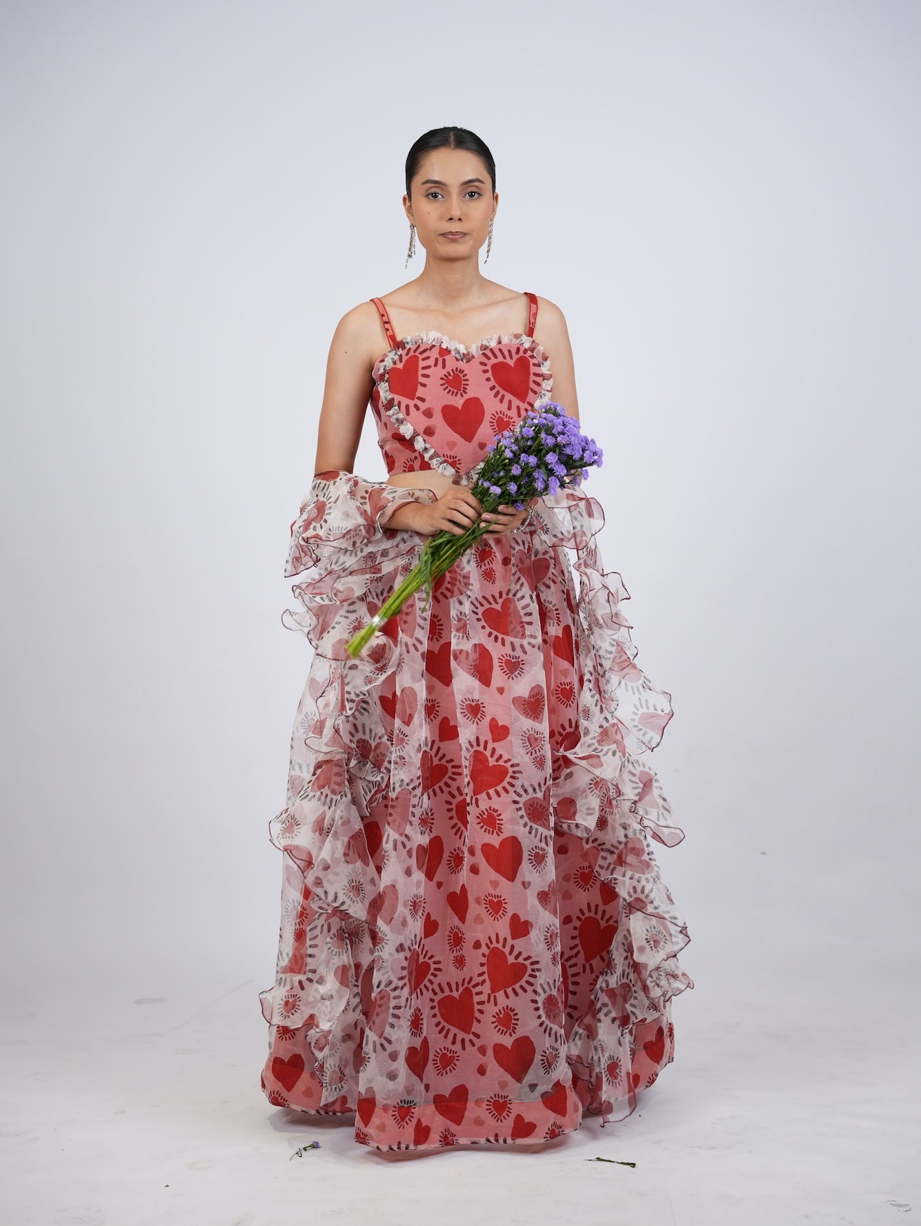 Red Heart Print Lehenga Set with Ruffled Drapes