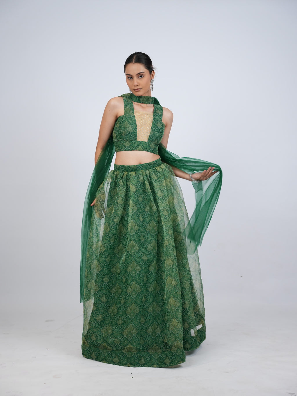 Green Patterned Crop Top Lehenga Set