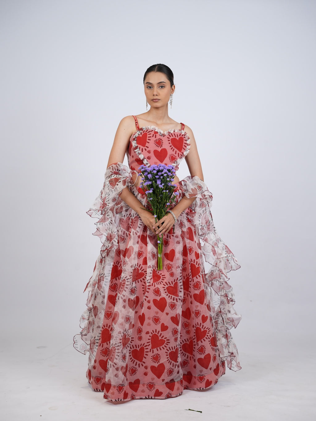 Red Heart Print Lehenga Set with Ruffled Drapes