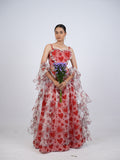 Red Heart Print Lehenga Set with Ruffled Drapes