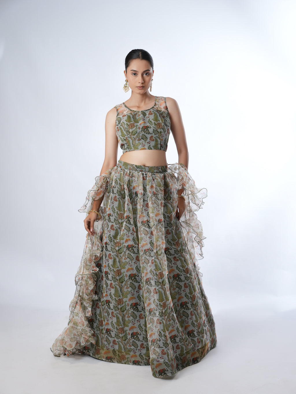 OLIVE PRINTED LEHENGA SET