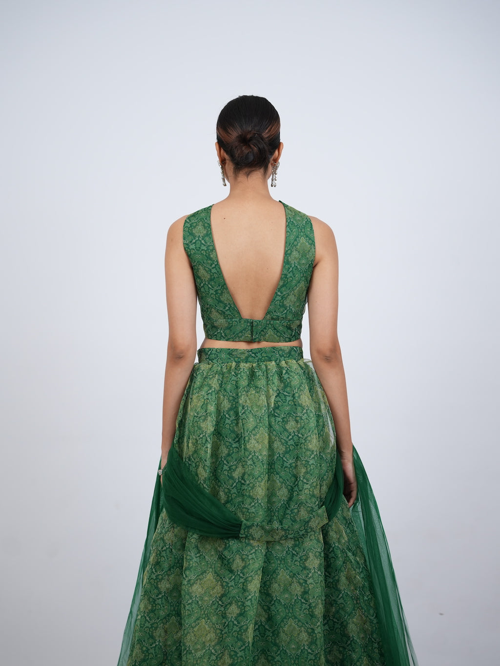 Green Patterned Crop Top Lehenga Set