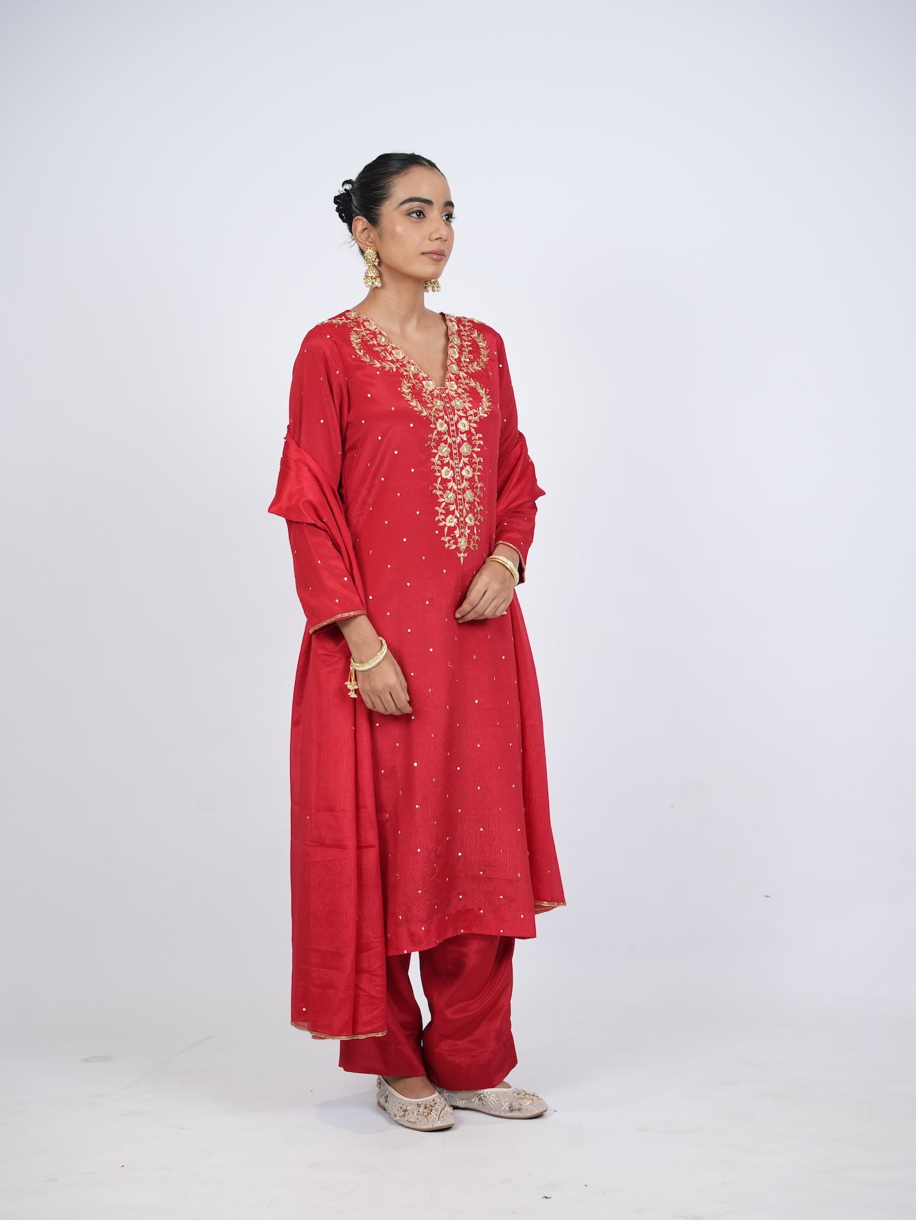 Red Embellished Kurta Set with Dupatta