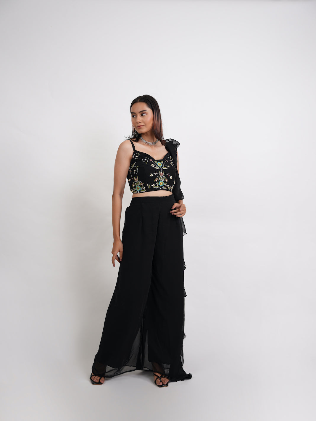 Black Embroidered Crop Top & Ruffled Pants Set