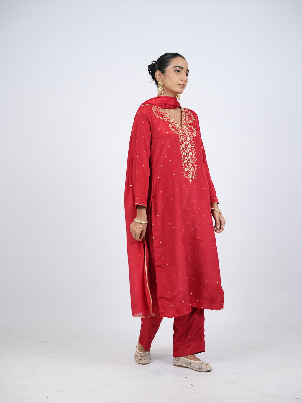 Red Embellished Kurta Set with Dupatta