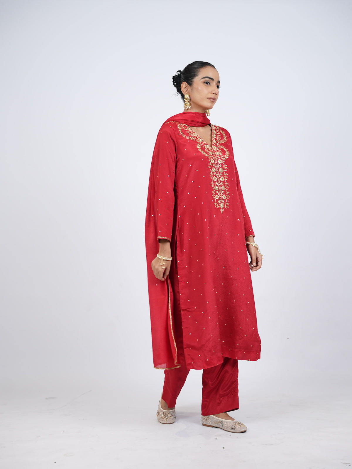 Red Embellished Kurta Set with Dupatta