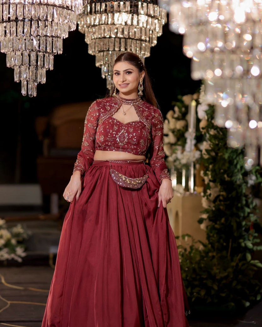 Maroon Embroidered High-Neck Lehanga Set