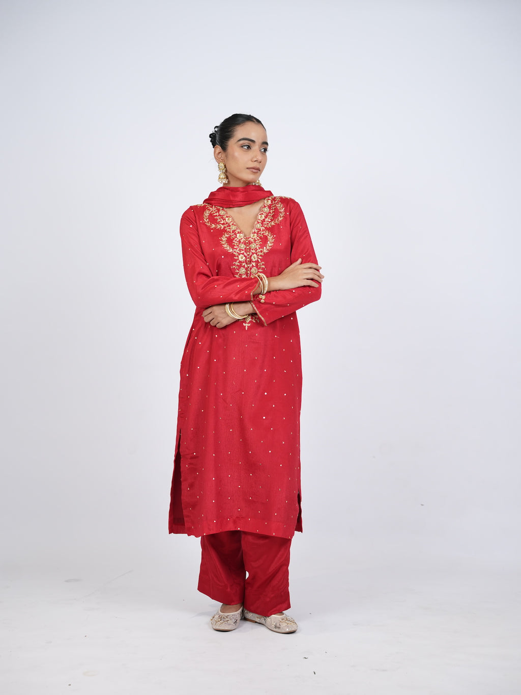 Red Embellished Kurta Set with Dupatta