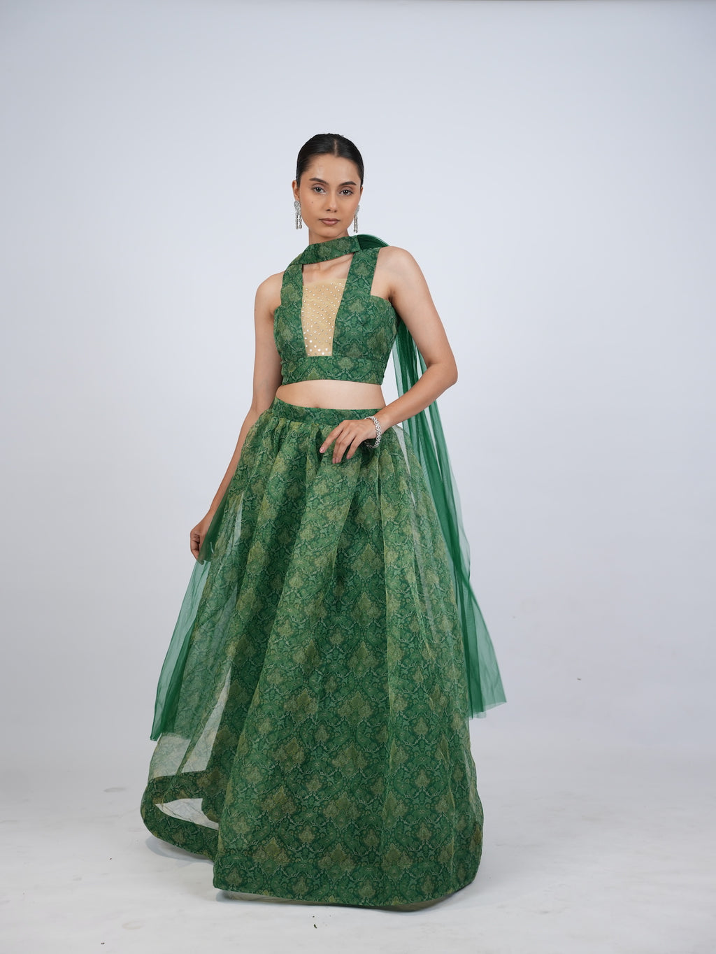 Green Patterned Crop Top Lehenga Set
