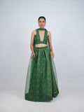 Green Patterned Crop Top Lehenga Set