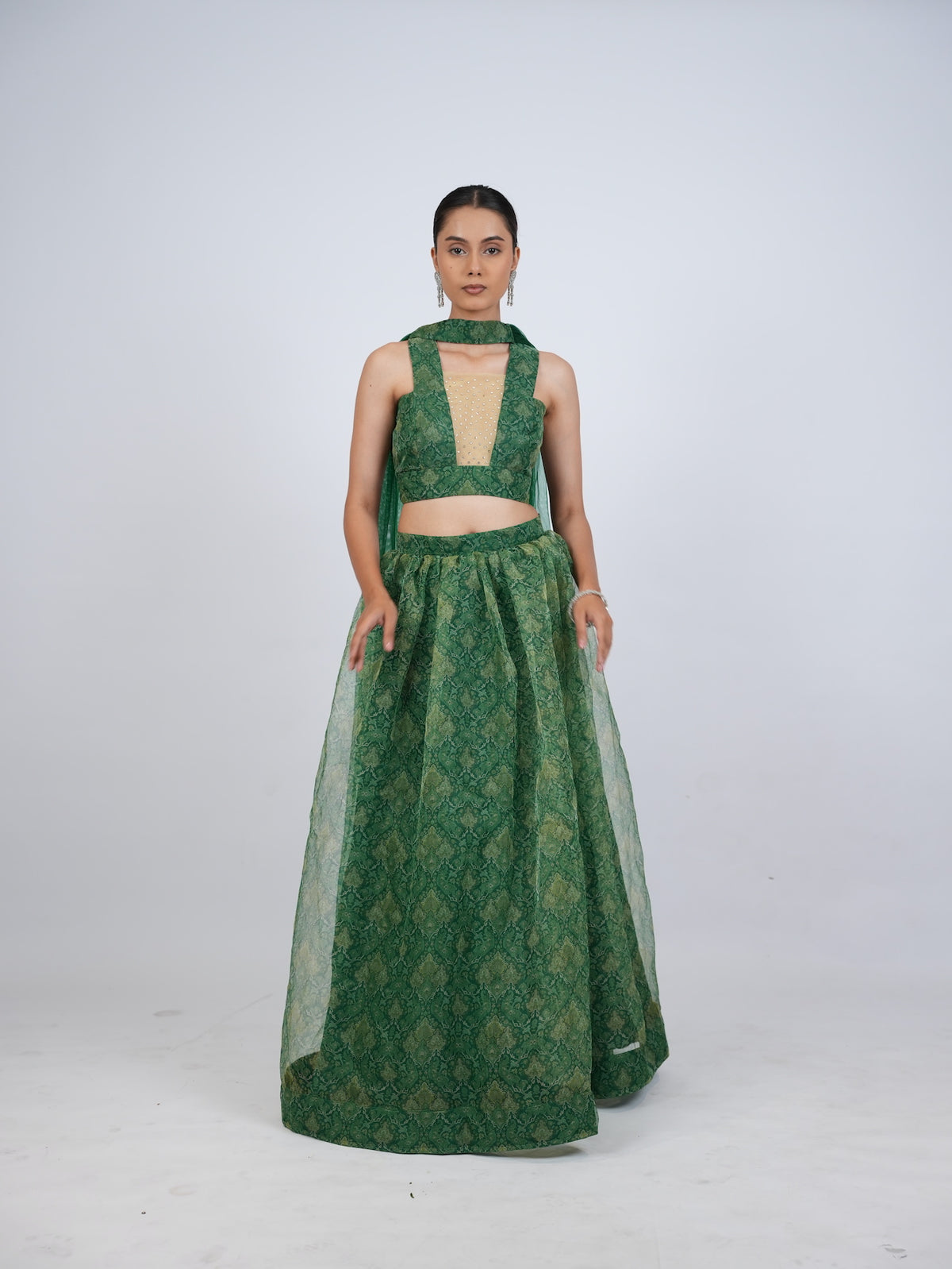Green Patterned Crop Top Lehenga Set
