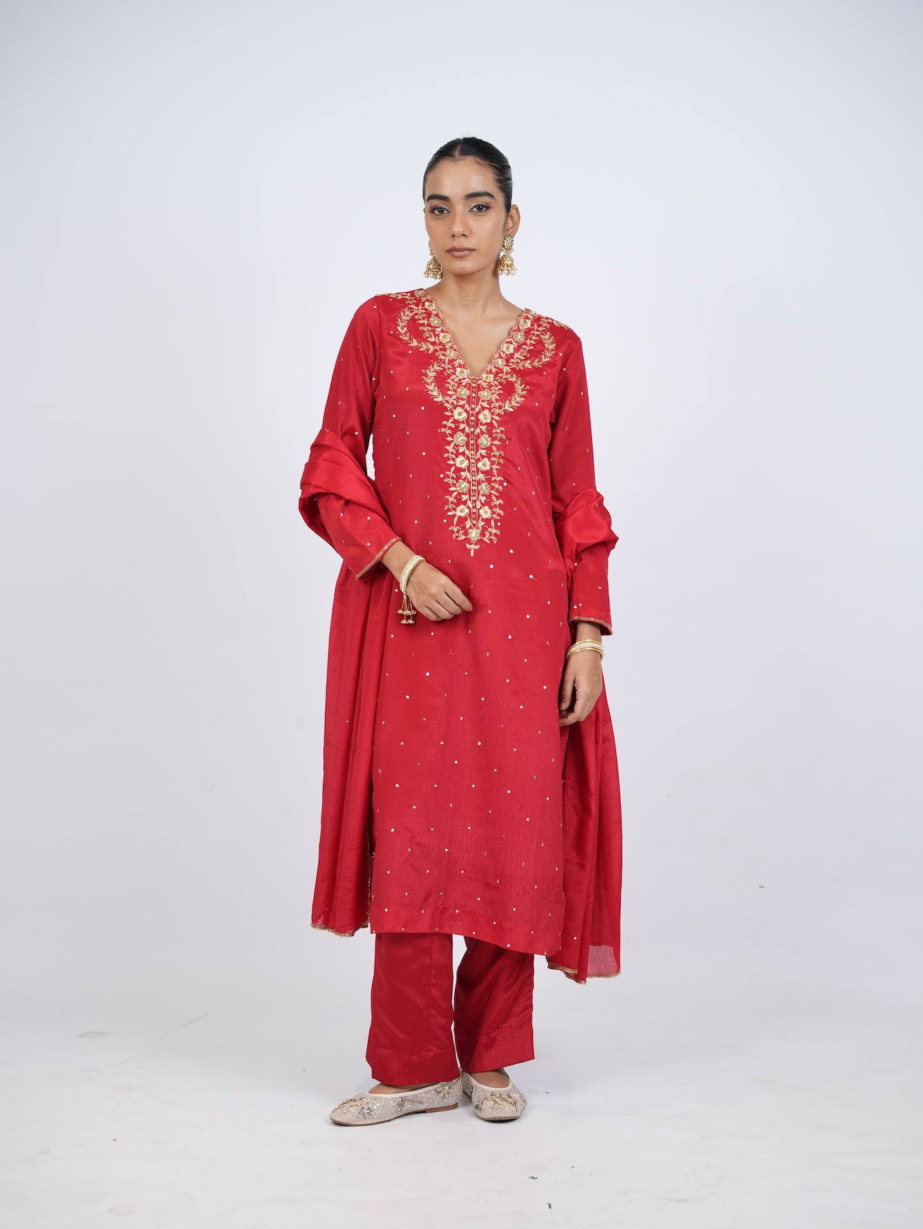 Red Embellished Kurta Set with Dupatta